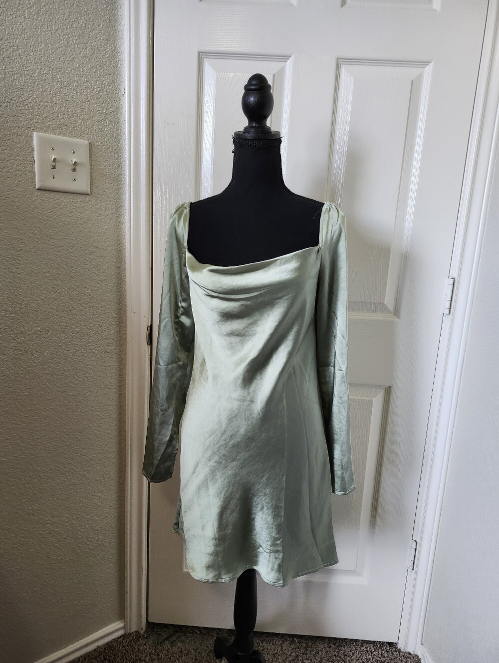 Princess Polly Satin Cowl Neck Long Sleeve Dress - Sage Green